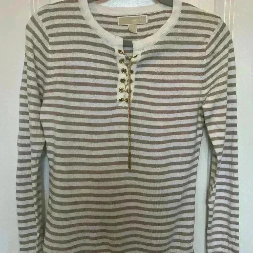 Michael Kors Tan & White Striped Sweater with chain closure